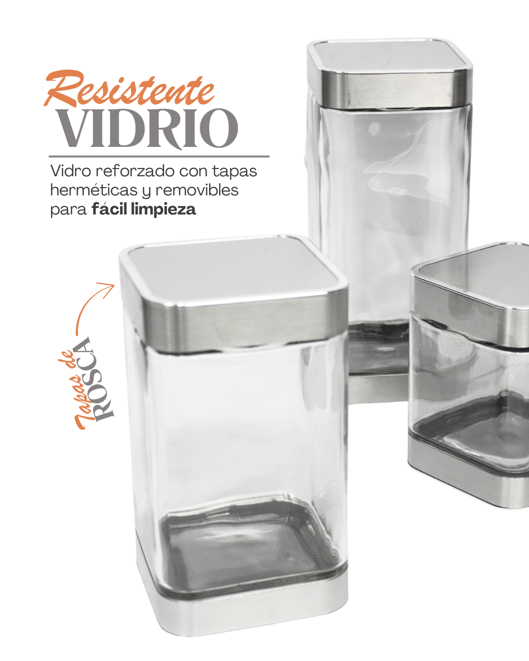 Azucarero de Vidrio Cuadrado 41719  diferentes tamaños - CANISTER 3 pz