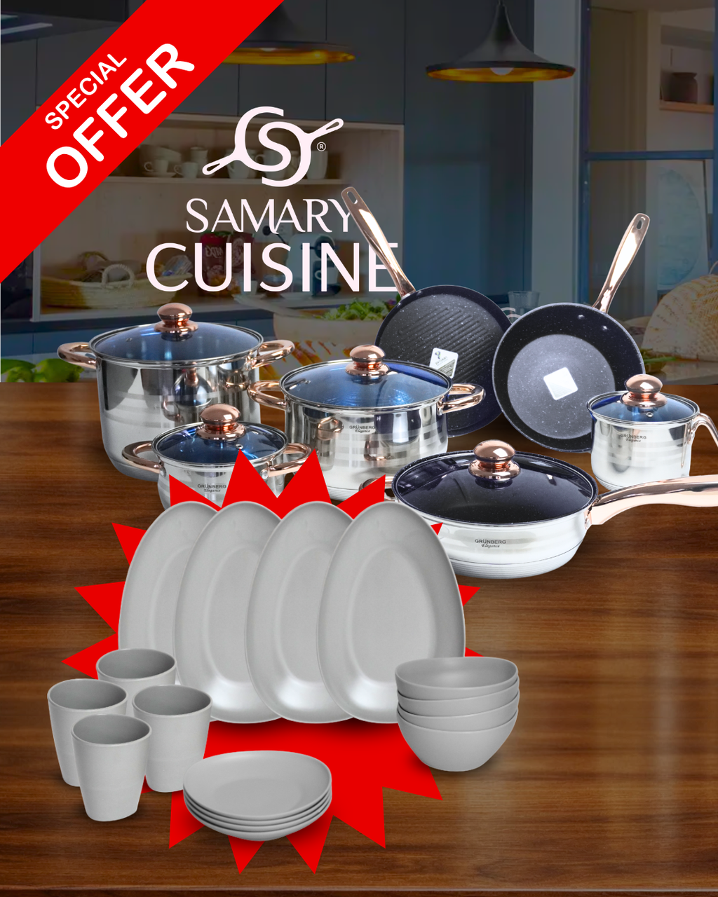 PROMOCIÓN Batería de cocina de acero inoxidable + Vajilla de melamina
