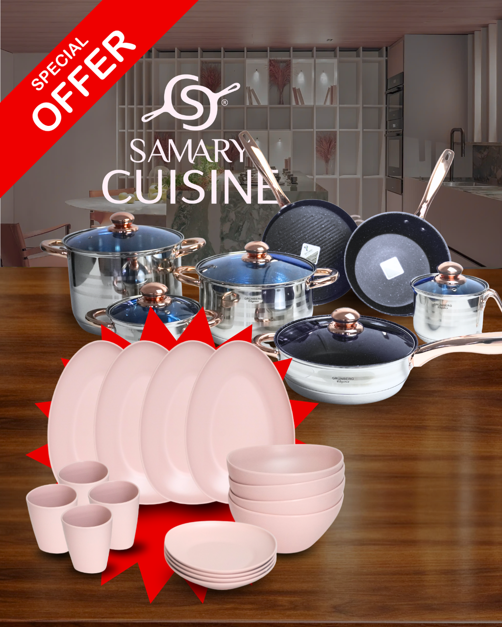 PROMOCIÓN Batería de cocina de acero inoxidable + Vajilla de melamina