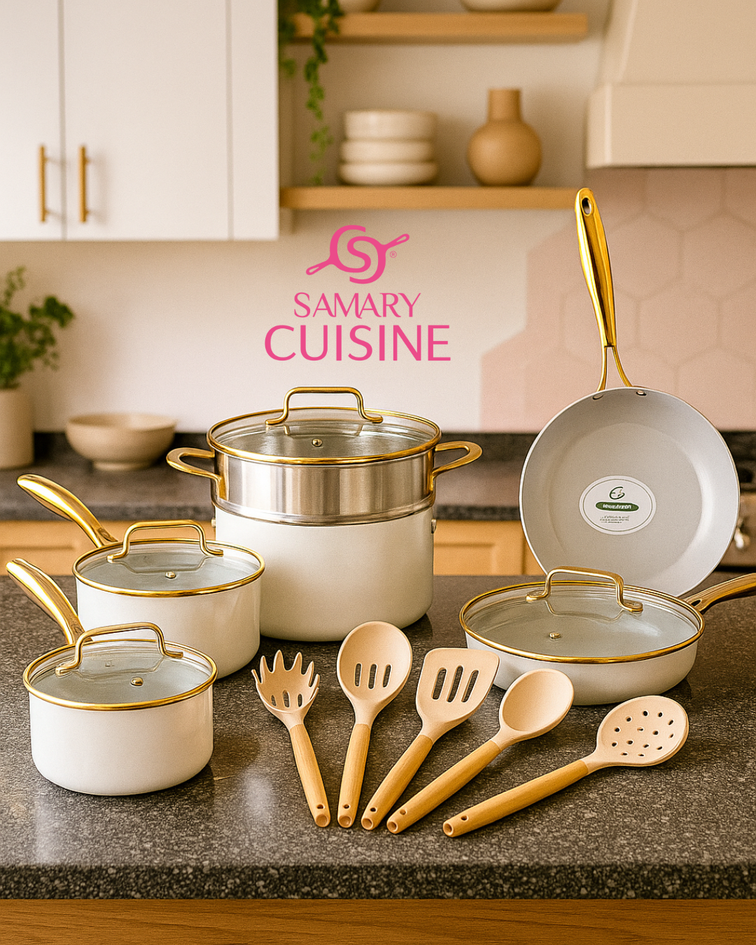 Bateria Ceramica Dore C/vaporera Y Utensilios Mangos Dorado