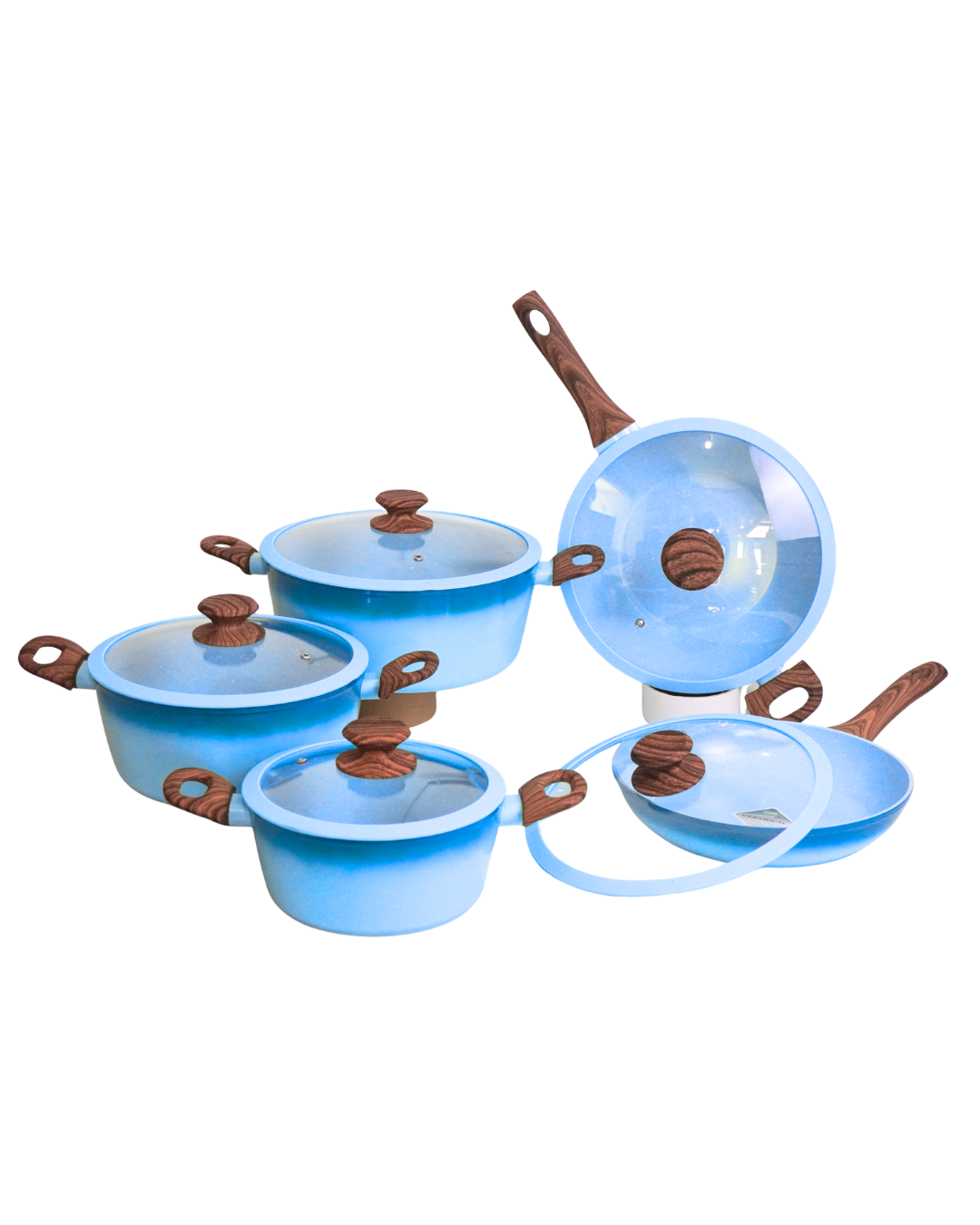 Batería de Cocina Cerámica antiadherente Kung Fu Master - 10 pz de Silicona | Juego de Ollas y Sartenes con Tapas de Vidrio | Fondo Multicapas | Apta para Gas, Eléctrica e Inducción | Alta Durabilidad y Fácil Limpieza