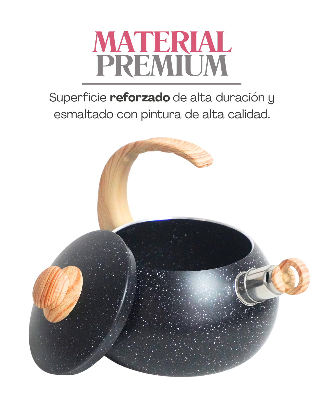 Tetera Pastel NEWARE 1 pz con Silbato | Acabado Tipo Mármol Antiadherente | Asa Ergonómica Tipo Madera | Calentado Rápido | Apta para Estufa de Gas, Eléctrica e Inducción | Diseño Moderno y Elegante
