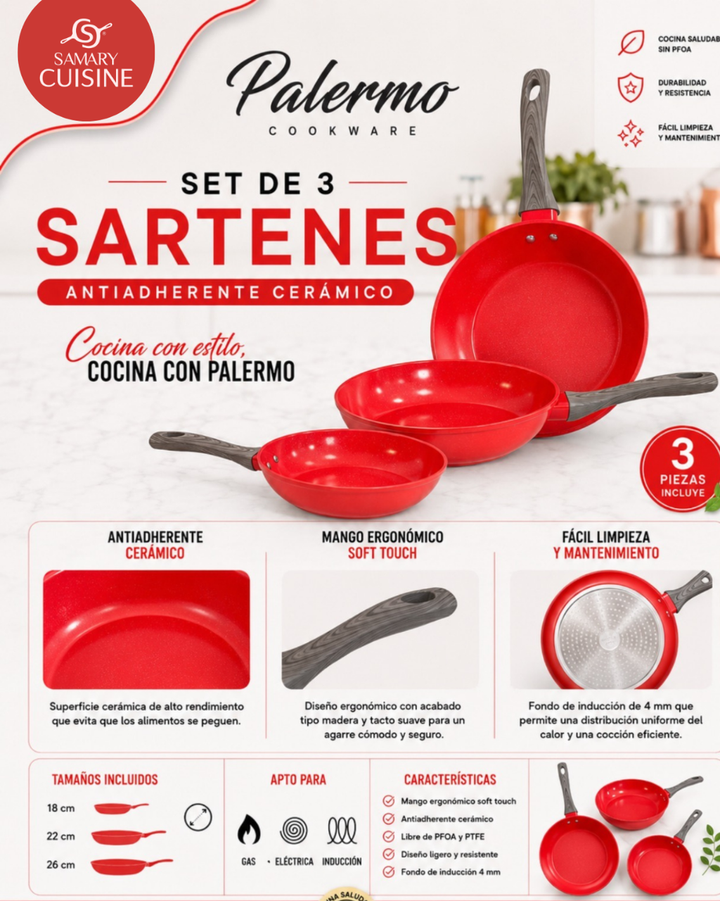 PROMOCION - Set de sartenes Palermo de cerámica antiadherente + Set de Utensilios de  silicona 12 pz