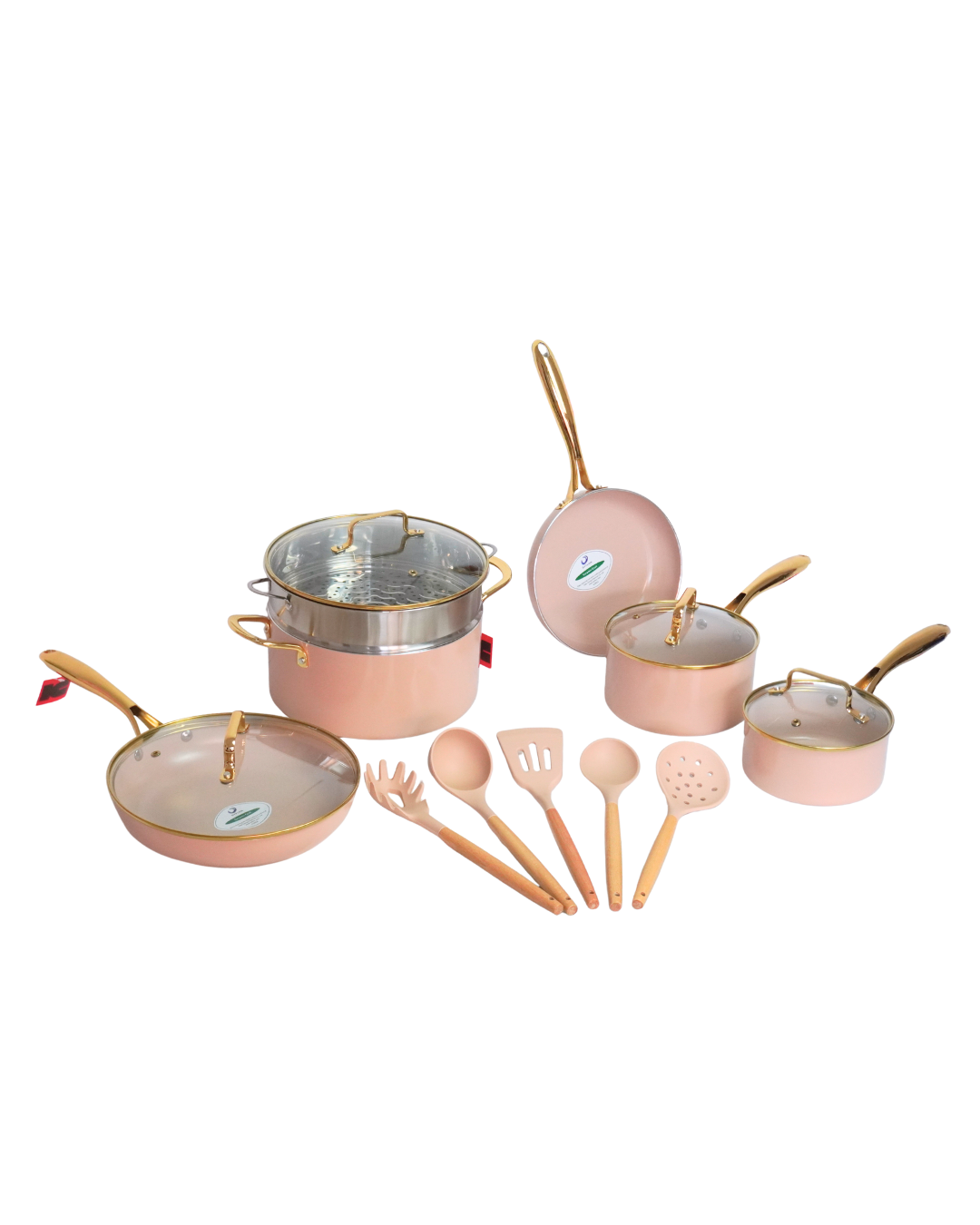 Bateria Ceramica Dore C/vaporera Y Utensilios Mangos Dorado