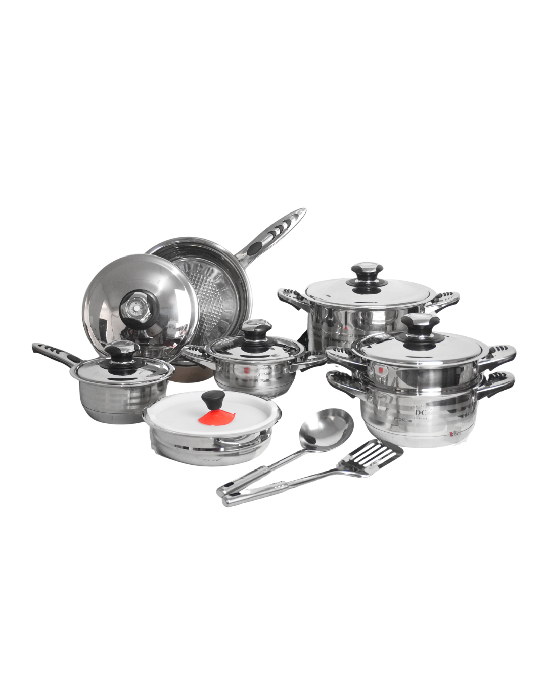 Batería de Cocina Acero Inoxidable Bateria DC - 16 pz con Mangos de Silicona | Juego de Ollas y Sartenes con Tapas de Vidrio | Fondo Multicapas | Apta para Gas, Eléctrica e Inducción | Alta Durabilidad y Fácil Limpieza