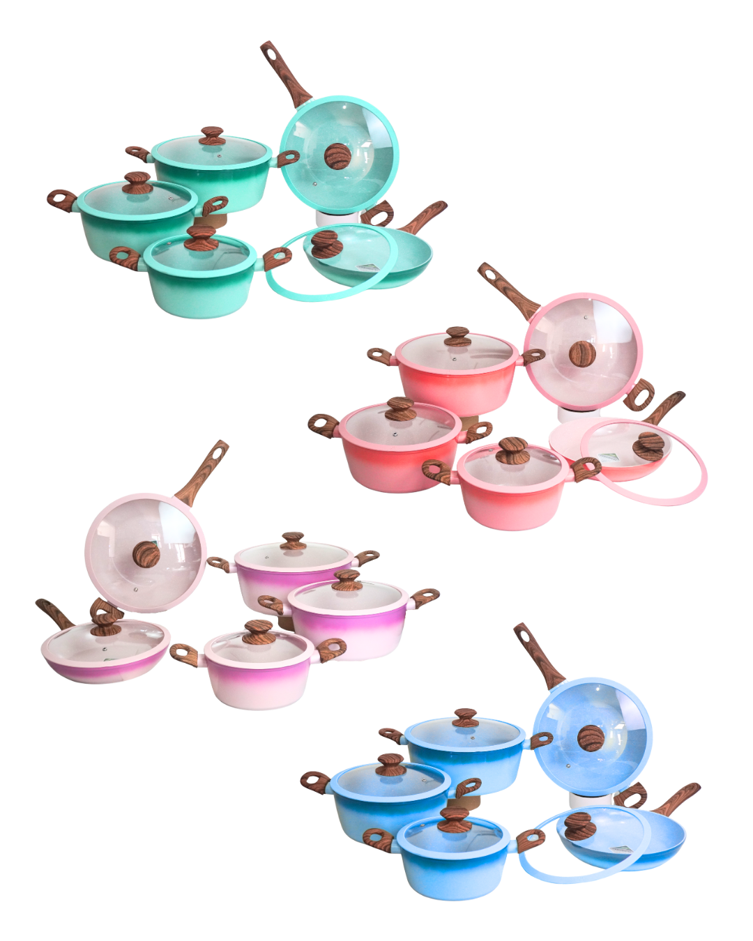 Batería de Cocina Cerámica antiadherente Kung Fu Master - 10 pz de Silicona | Juego de Ollas y Sartenes con Tapas de Vidrio | Fondo Multicapas | Apta para Gas, Eléctrica e Inducción | Alta Durabilidad y Fácil Limpieza