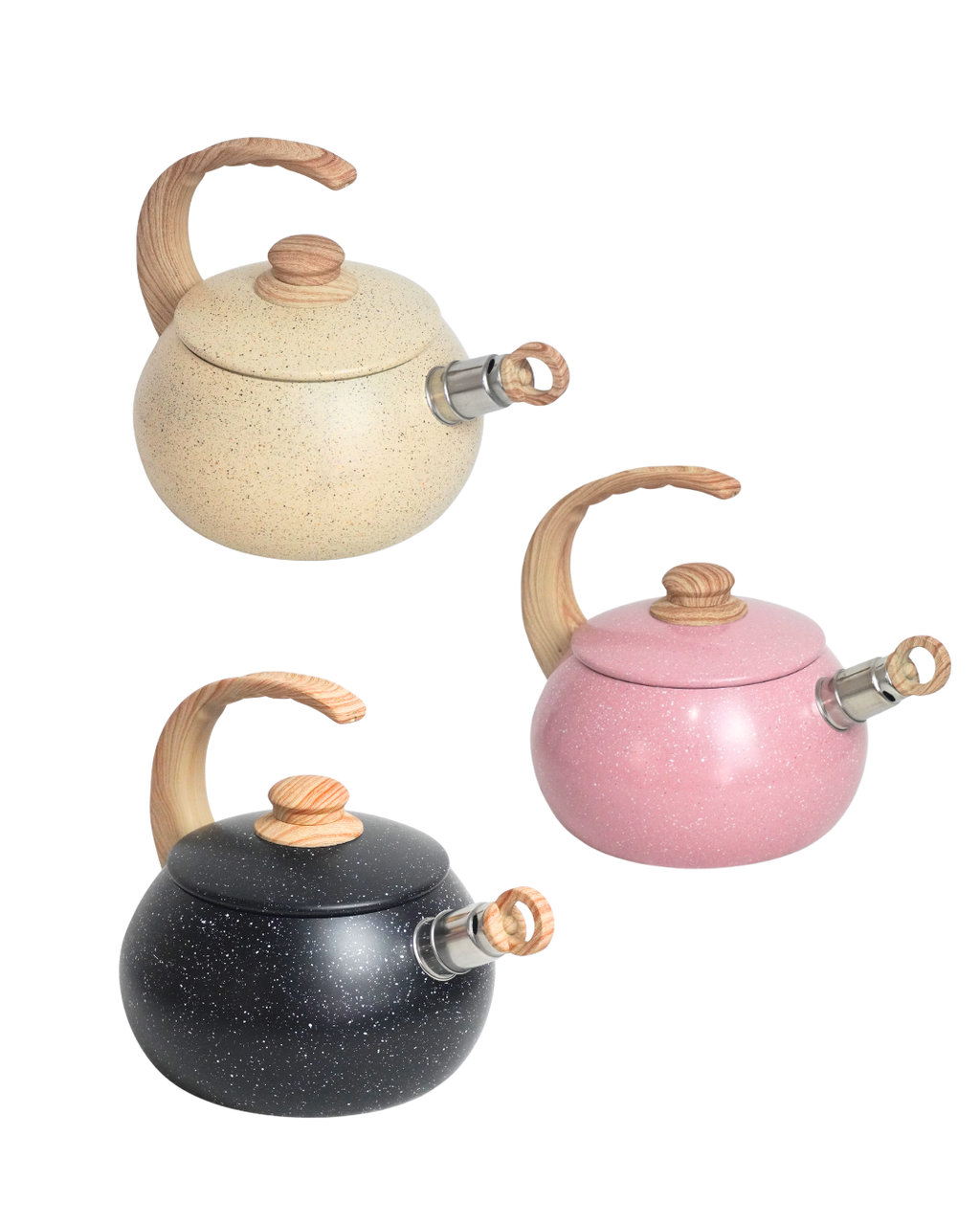 Tetera Pastel NEWARE 1 pz con Silbato | Acabado Tipo Mármol Antiadherente | Asa Ergonómica Tipo Madera | Calentado Rápido | Apta para Estufa de Gas, Eléctrica e Inducción | Diseño Moderno y Elegante