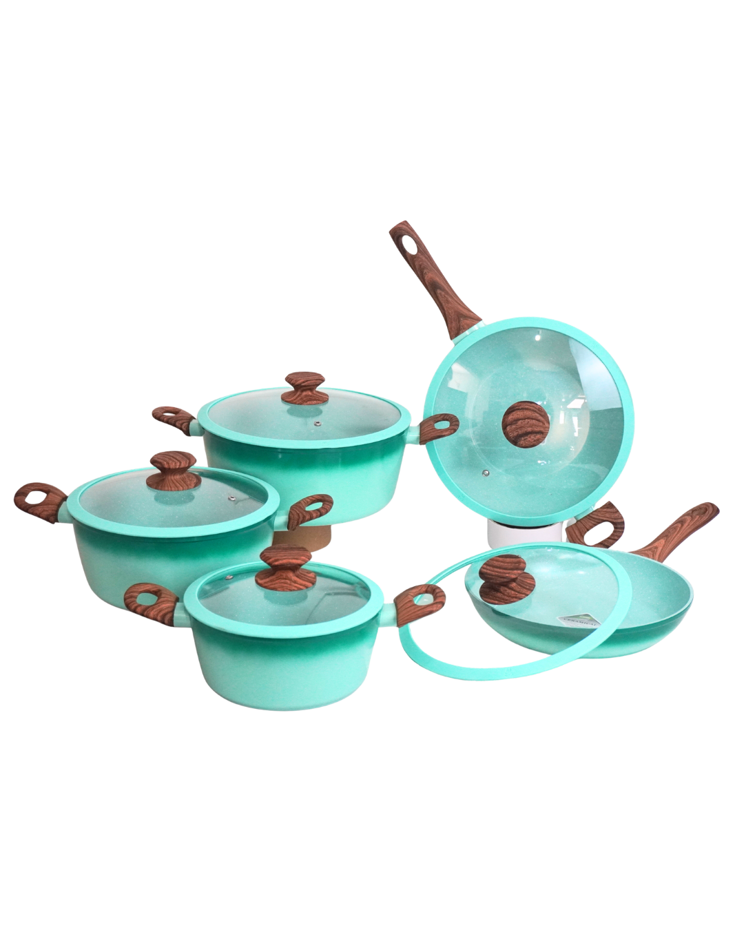 Batería de Cocina Cerámica antiadherente Kung Fu Master - 10 pz de Silicona | Juego de Ollas y Sartenes con Tapas de Vidrio | Fondo Multicapas | Apta para Gas, Eléctrica e Inducción | Alta Durabilidad y Fácil Limpieza