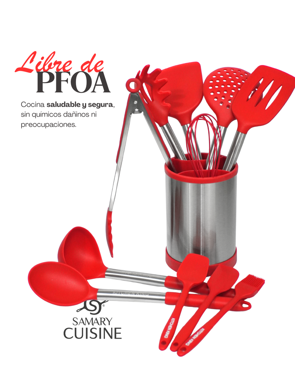 Set de Utensilios de Cocina de Silicona con Mangos de Acero Inoxidable - KITCHEN KING 12