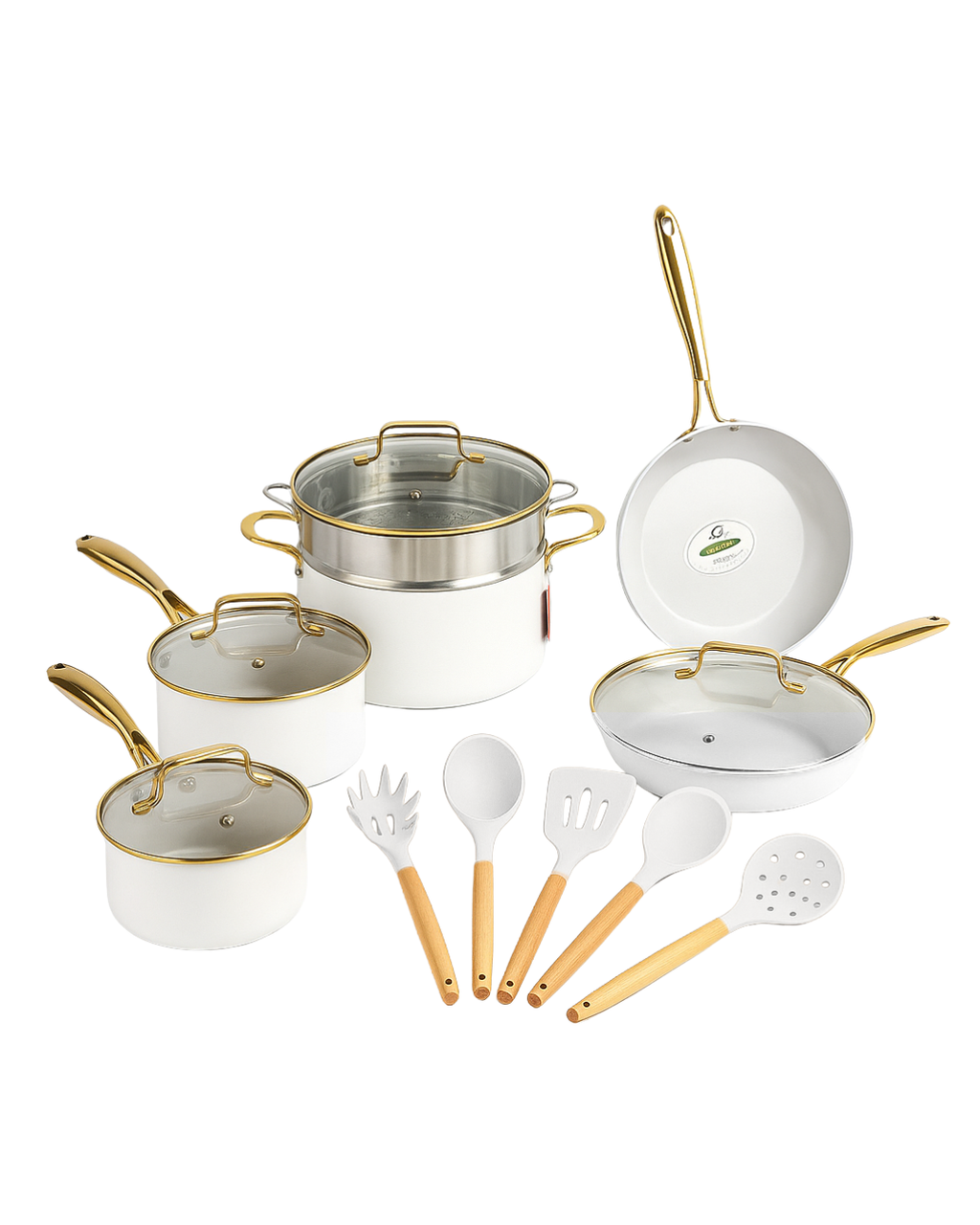 Bateria Ceramica Dore C/vaporera Y Utensilios Mangos Dorado