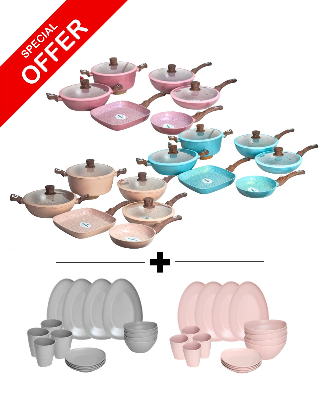 PROMOCIÓN Batería de Cocina Cerámica Antiadherente + Vajilla Melamina