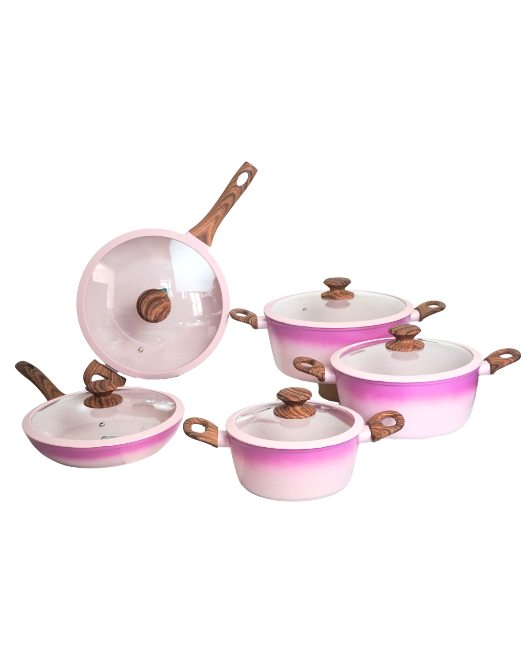 Batería de Cocina Cerámica antiadherente Kung Fu Master - 10 pz de Silicona | Juego de Ollas y Sartenes con Tapas de Vidrio | Fondo Multicapas | Apta para Gas, Eléctrica e Inducción | Alta Durabilidad y Fácil Limpieza