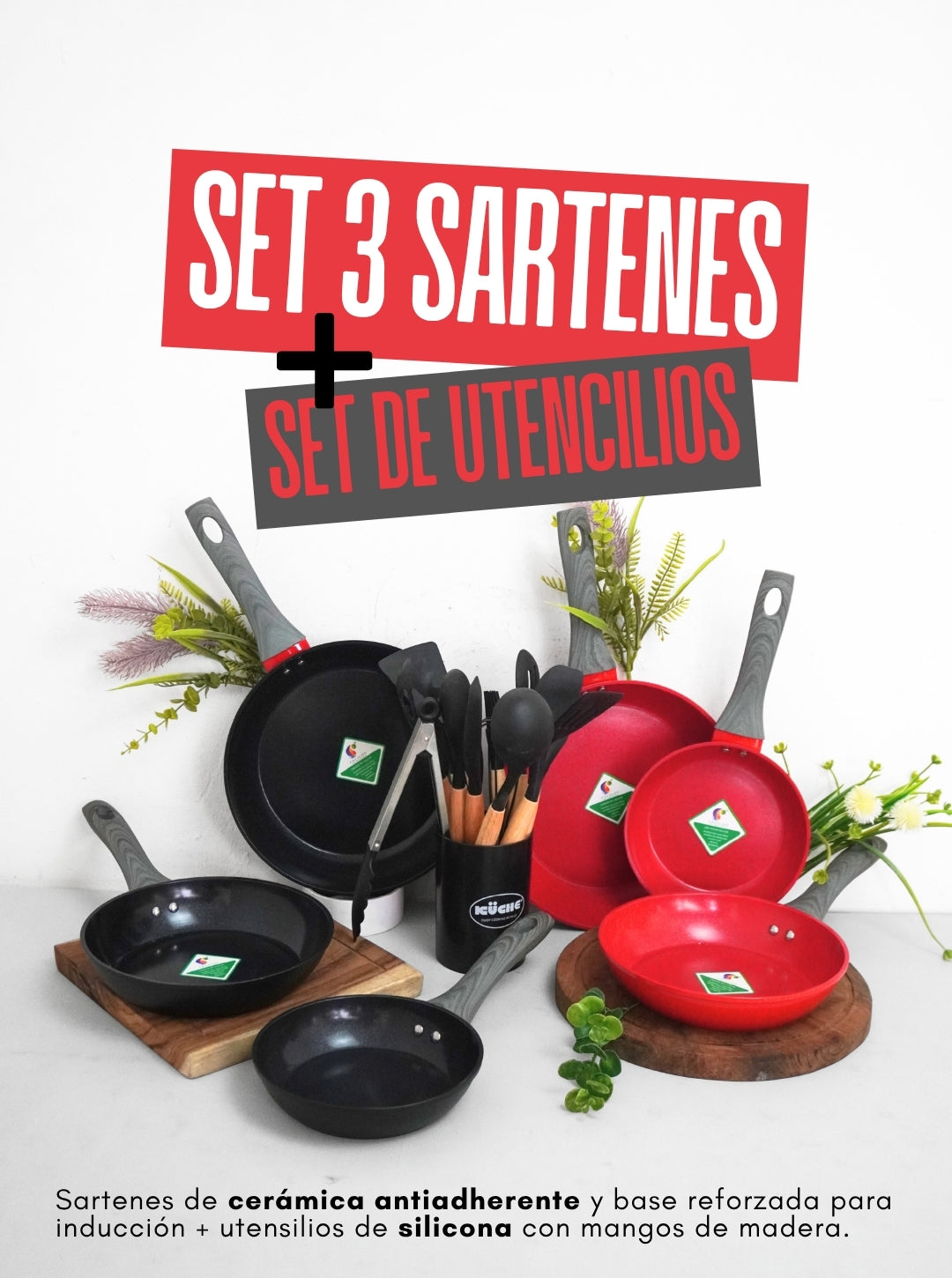 PROMOCION - Set de sartenes Palermo de cerámica antiadherente + Set de Utensilios de  silicona 12 pz
