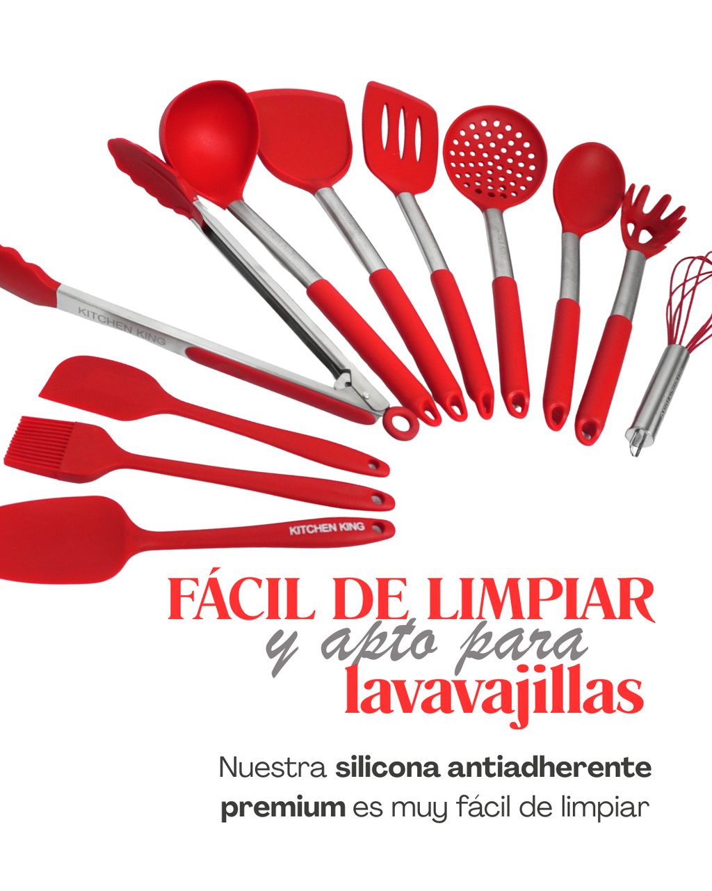 Set de Utensilios de Cocina de Silicona con Mangos de Acero Inoxidable - KITCHEN KING 12