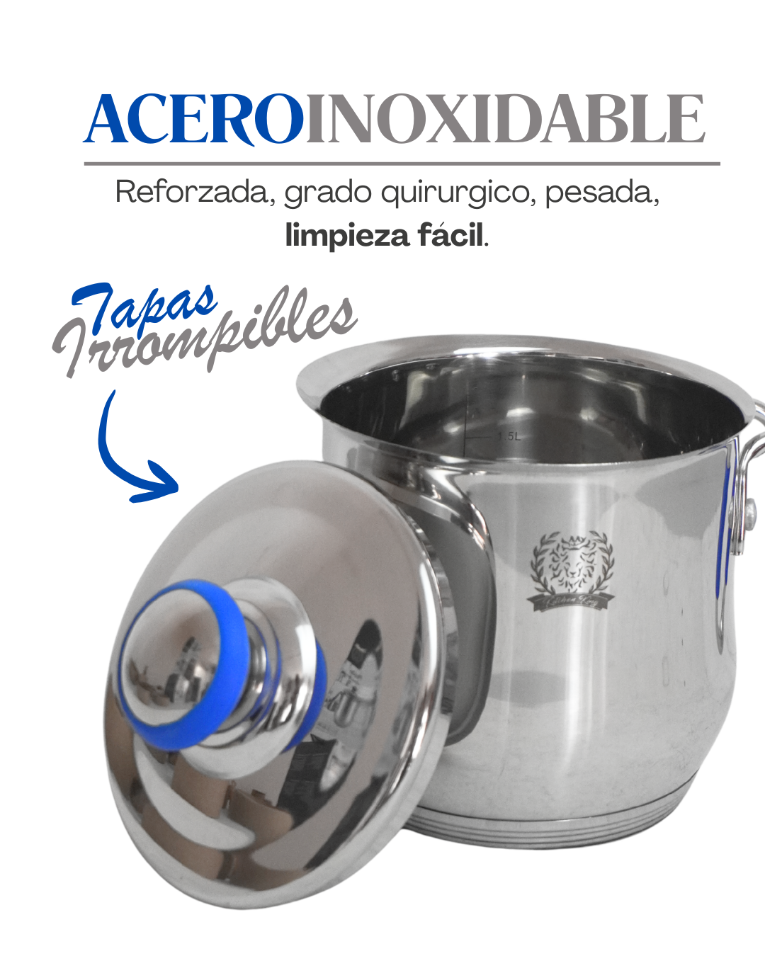 Pocillo de Acero Inoxidable 2 y 3 lts - KITCHEN KING 2pz con Tapa | Olla Multiusos Resistente y Duradera | Mangos Ergonómicos Antideslizantes | Ideal para Hervir, Cocinar y Calentar | Apto para Estufa de Gas y Eléctrica