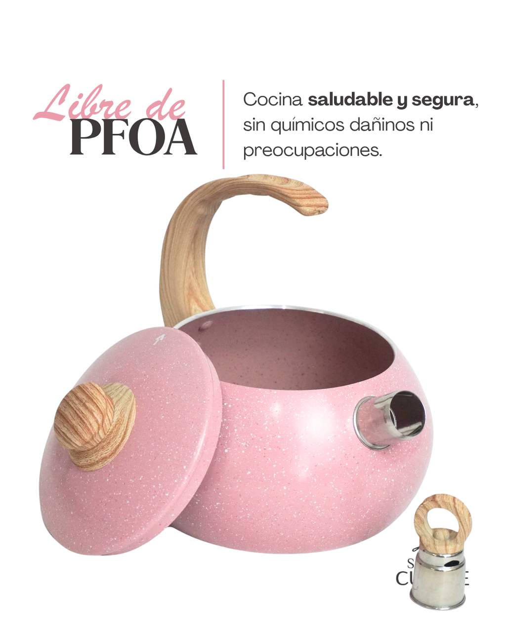 Tetera Pastel NEWARE 1 pz con Silbato | Acabado Tipo Mármol Antiadherente | Asa Ergonómica Tipo Madera | Calentado Rápido | Apta para Estufa de Gas, Eléctrica e Inducción | Diseño Moderno y Elegante