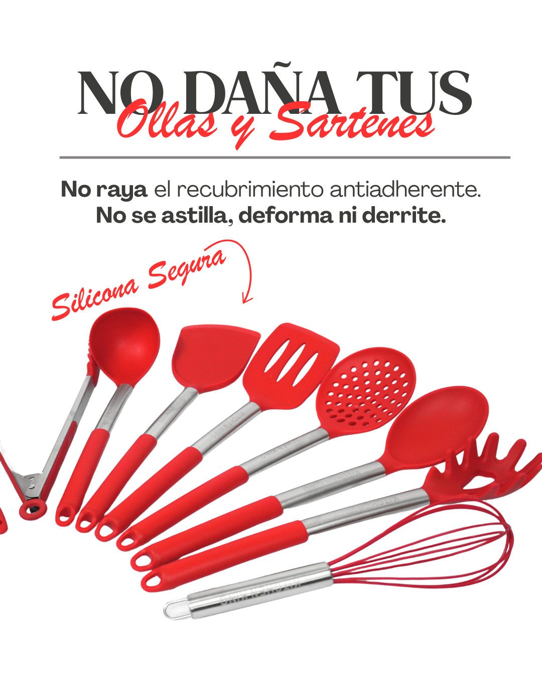 Set de Utensilios de Cocina de Silicona con Mangos de Acero Inoxidable - KITCHEN KING 12