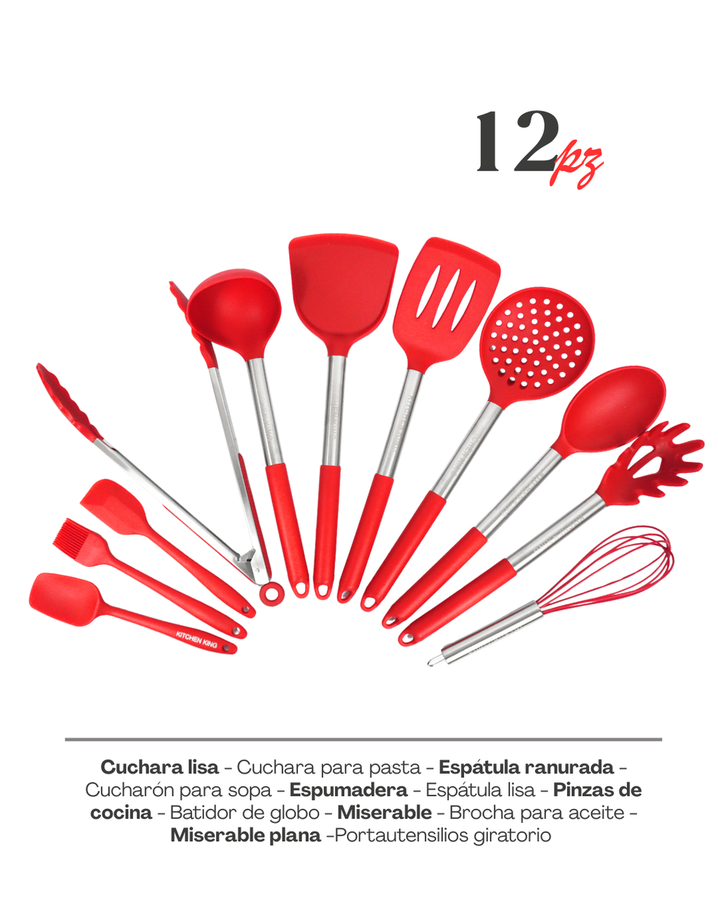 Set de Utensilios de Cocina de Silicona con Mangos de Acero Inoxidable - KITCHEN KING 12