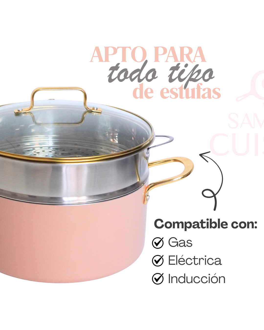 Bateria Ceramica Dore C/vaporera Y Utensilios Mangos Dorado