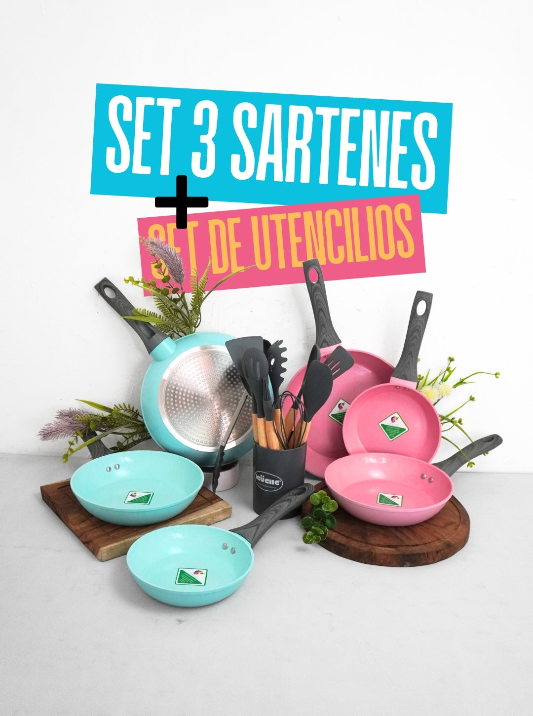 PROMOCION - Set de sartenes Palermo de cerámica antiadherente + Set de Utensilios de  silicona 12 pz