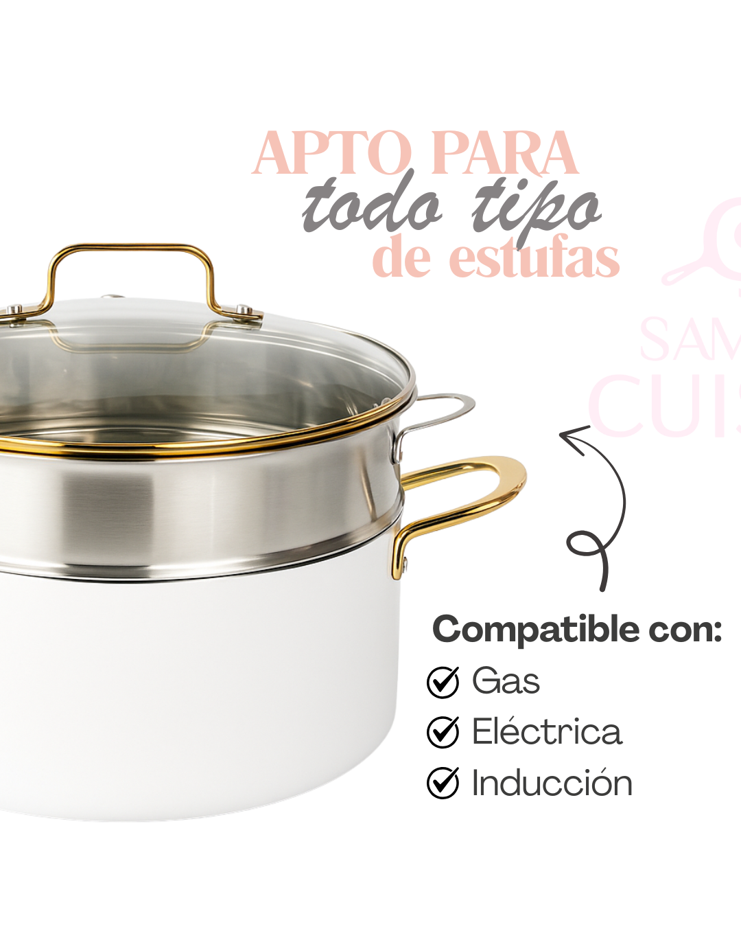 Bateria Ceramica Dore C/vaporera Y Utensilios Mangos Dorado