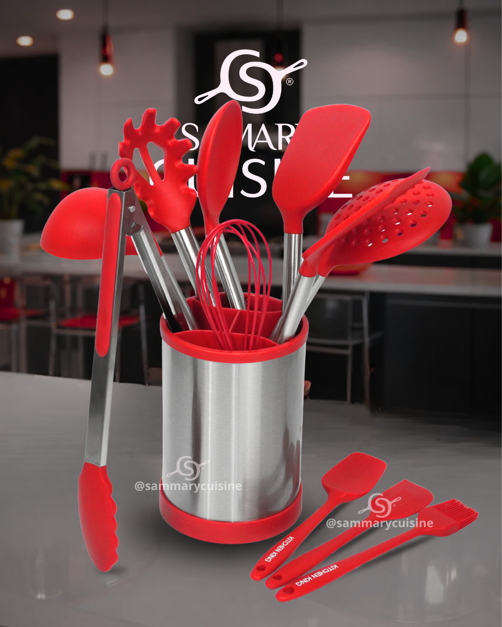 Set de Utensilios de Cocina de Silicona con Mangos de Acero Inoxidable - KITCHEN KING 12