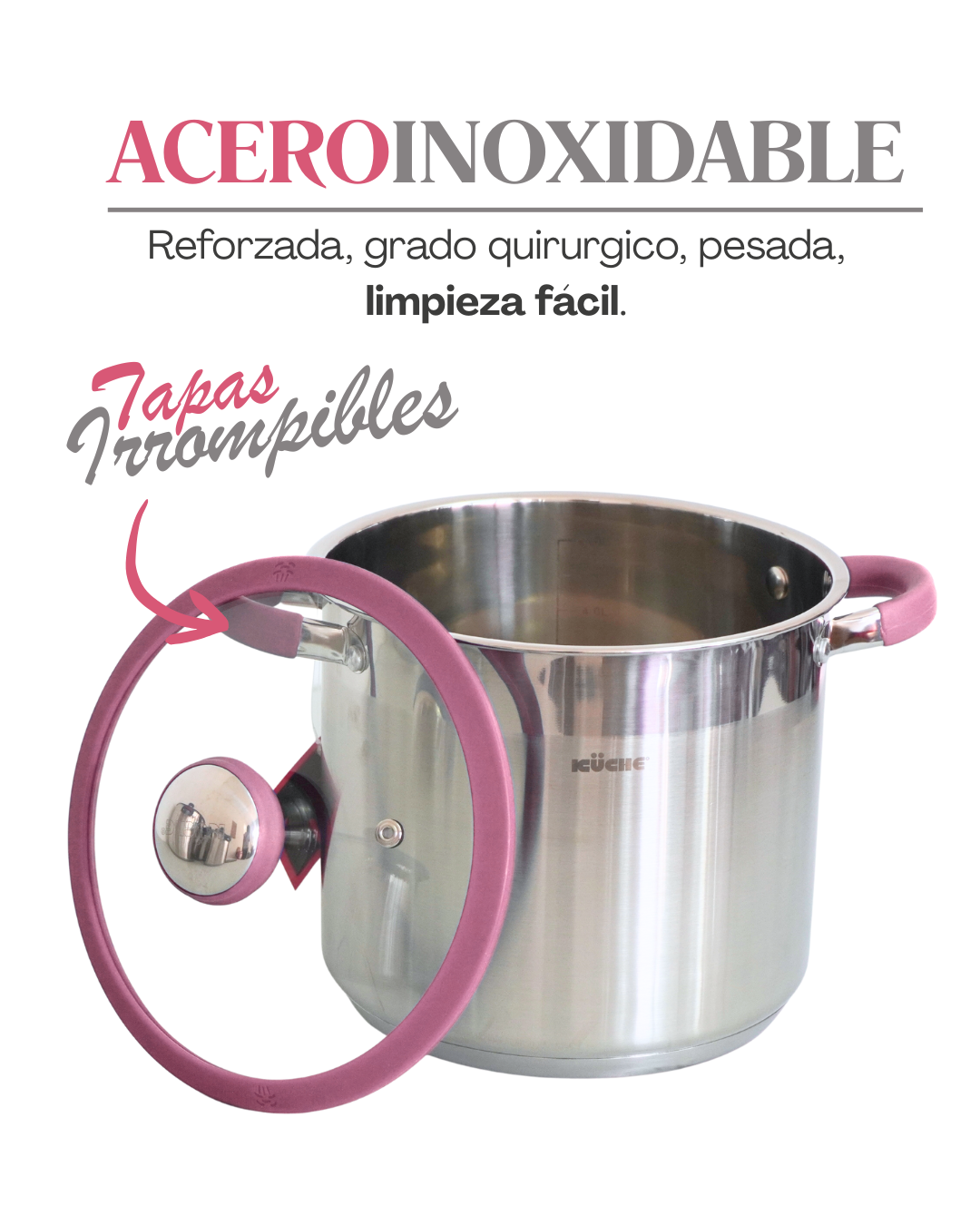 Juego Ollas Roze 8 Pz Tapa Irrompible Silicon 5, 7, 8 Y 10 L