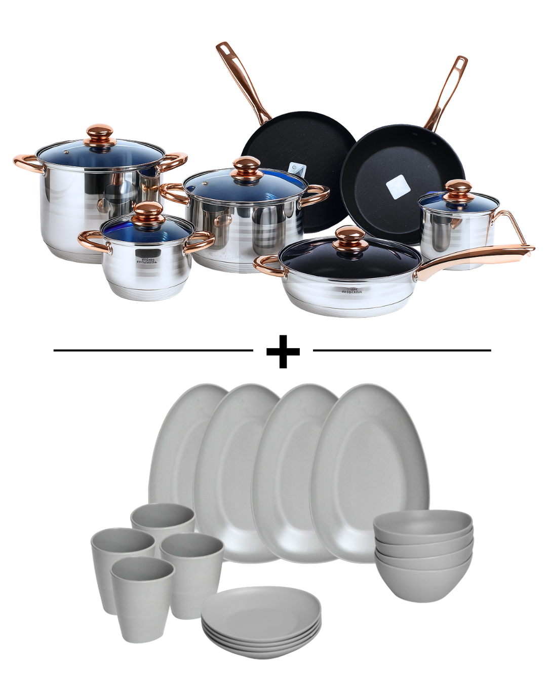 PROMOCIÓN Batería de cocina de acero inoxidable + Vajilla de melamina